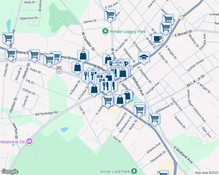 map of restaurants, bars, coffee shops, grocery stores, and more near in Winder