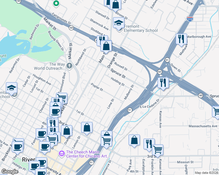 map of restaurants, bars, coffee shops, grocery stores, and more near 3482 Audubon Place in Riverside