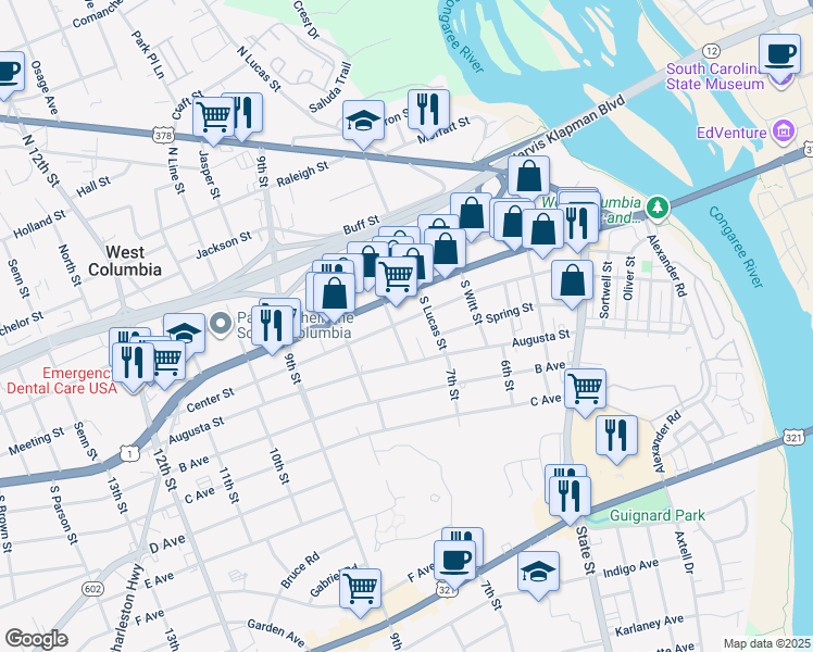 map of restaurants, bars, coffee shops, grocery stores, and more near 723 Center Street in West Columbia