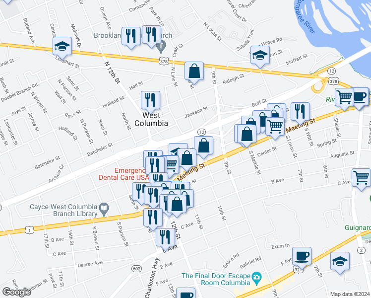 map of restaurants, bars, coffee shops, grocery stores, and more near 1020 Shull Street in West Columbia