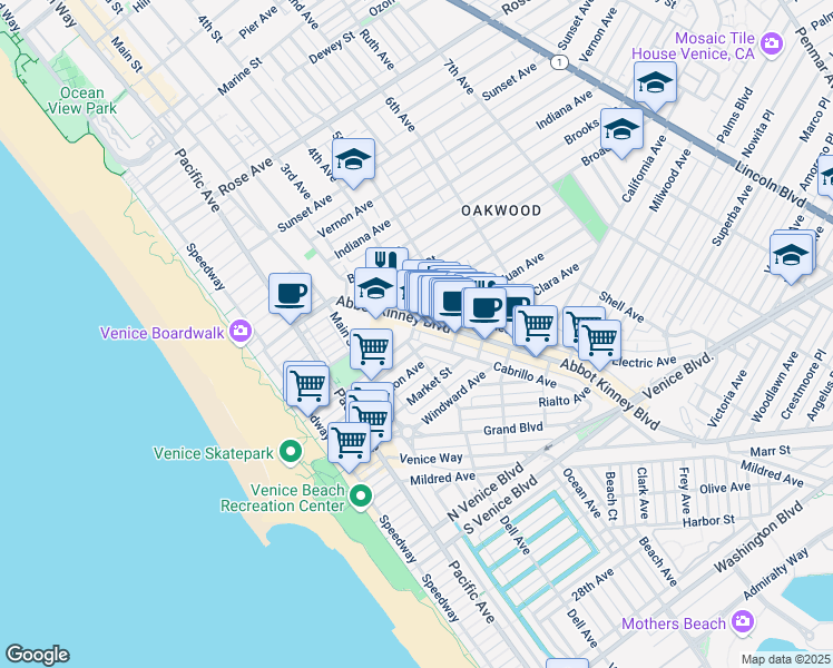 map of restaurants, bars, coffee shops, grocery stores, and more near 1118 Abbot Kinney Boulevard in Los Angeles