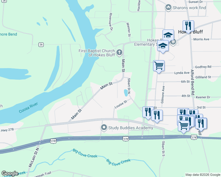 map of restaurants, bars, coffee shops, grocery stores, and more near 4895 Main Street in Gadsden