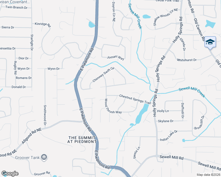 map of restaurants, bars, coffee shops, grocery stores, and more near 2262 Pine Warbler Way in Marietta