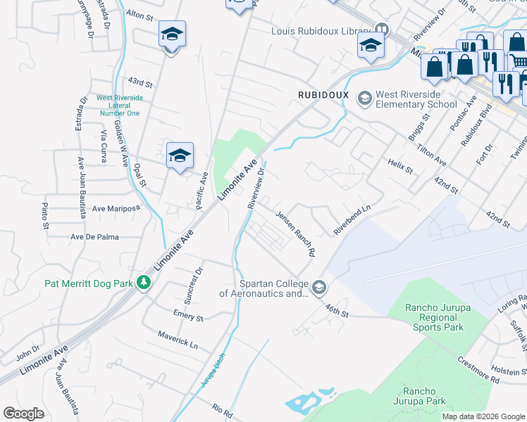 map of restaurants, bars, coffee shops, grocery stores, and more near 5784 Jensen Ranch Road in Riverside
