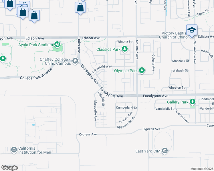 map of restaurants, bars, coffee shops, grocery stores, and more near 14433 Penn Foster Street in Chino