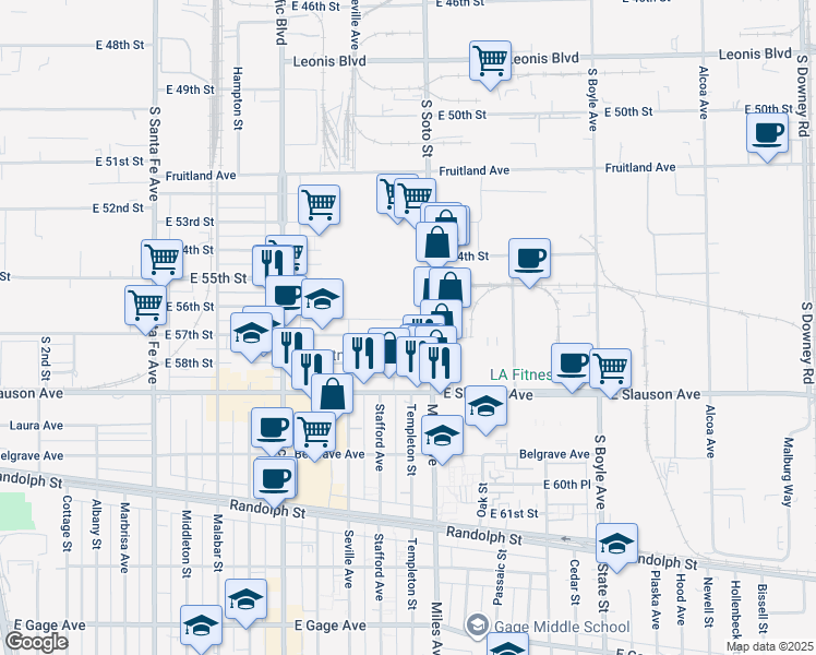 map of restaurants, bars, coffee shops, grocery stores, and more near 2753 East 57th Street in Huntington Park