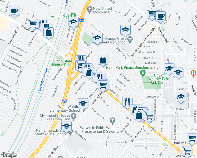 map of restaurants, bars, coffee shops, grocery stores, and more near 10603 Dorland Street in Whittier