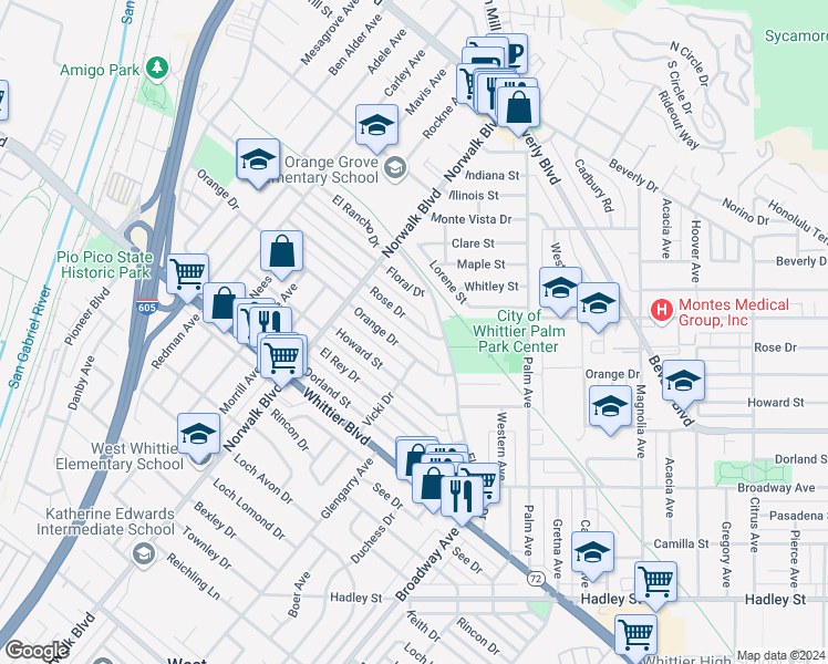 map of restaurants, bars, coffee shops, grocery stores, and more near 11026 Rose Drive in Whittier