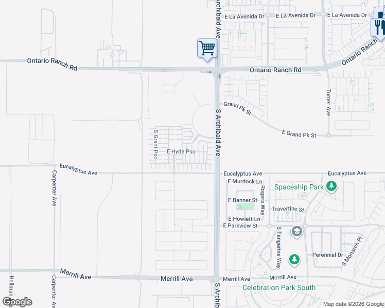 map of restaurants, bars, coffee shops, grocery stores, and more near 14516 South Archibald Avenue in Ontario