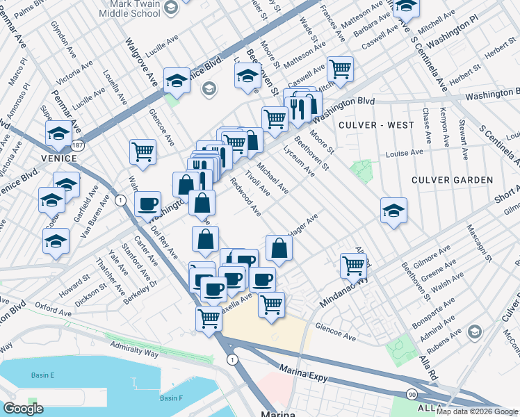 map of restaurants, bars, coffee shops, grocery stores, and more near 4088 Redwood Avenue in Los Angeles