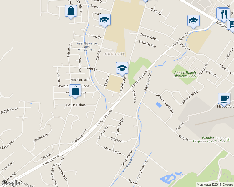 map of restaurants, bars, coffee shops, grocery stores, and more near 4609 Pacific Avenue in Riverside