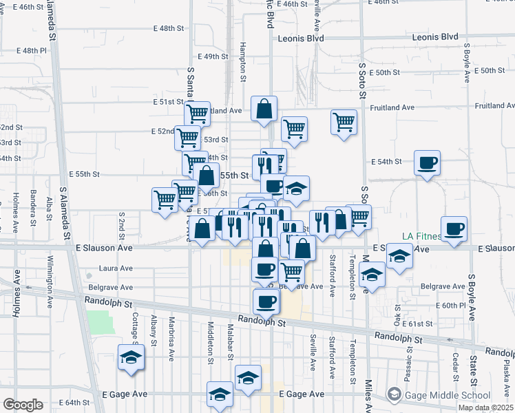 map of restaurants, bars, coffee shops, grocery stores, and more near 5605 Pacific Boulevard in Huntington Park