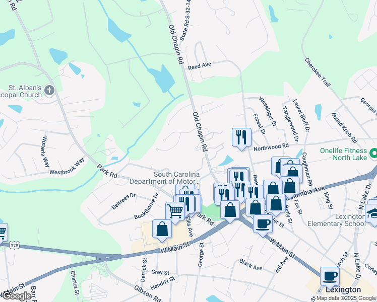 map of restaurants, bars, coffee shops, grocery stores, and more near 203 Old Chapin Road in Lexington
