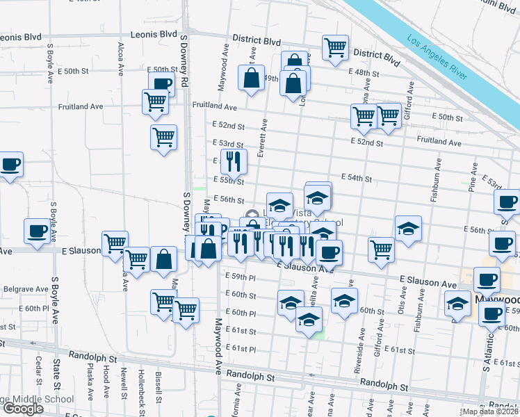 map of restaurants, bars, coffee shops, grocery stores, and more near 3612 East 56th Street in Maywood