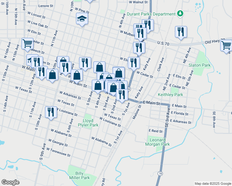 map of restaurants, bars, coffee shops, grocery stores, and more near 212 West Main Street in Durant