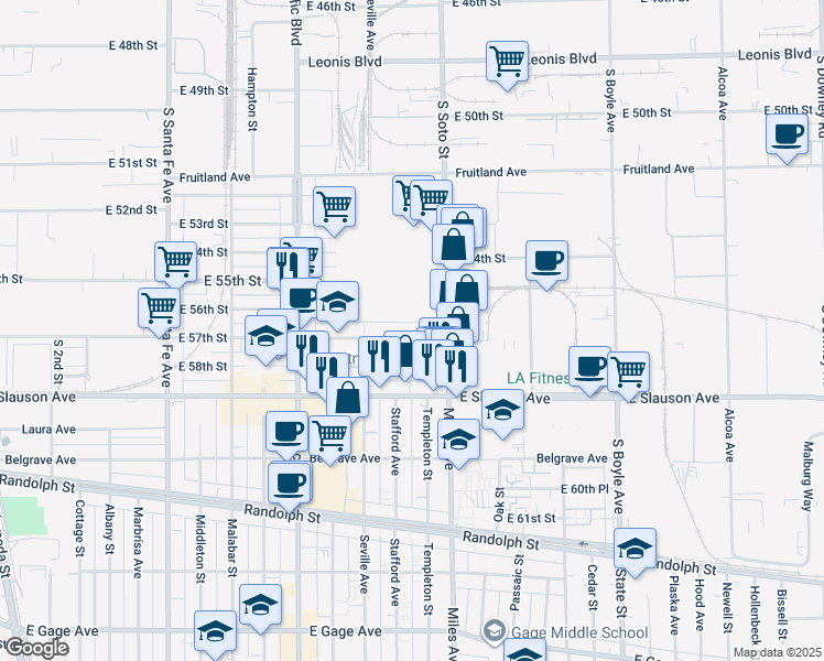 map of restaurants, bars, coffee shops, grocery stores, and more near 2753 East 57th Street in Huntington Park
