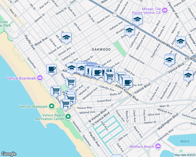 map of restaurants, bars, coffee shops, grocery stores, and more near 1305 Abbot Kinney Boulevard in Los Angeles