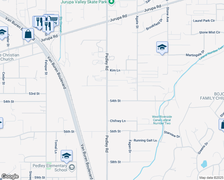 map of restaurants, bars, coffee shops, grocery stores, and more near 5334 Pedley Road in Riverside