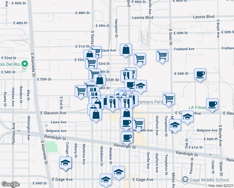 map of restaurants, bars, coffee shops, grocery stores, and more near 2523 East 57th Street in Huntington Park