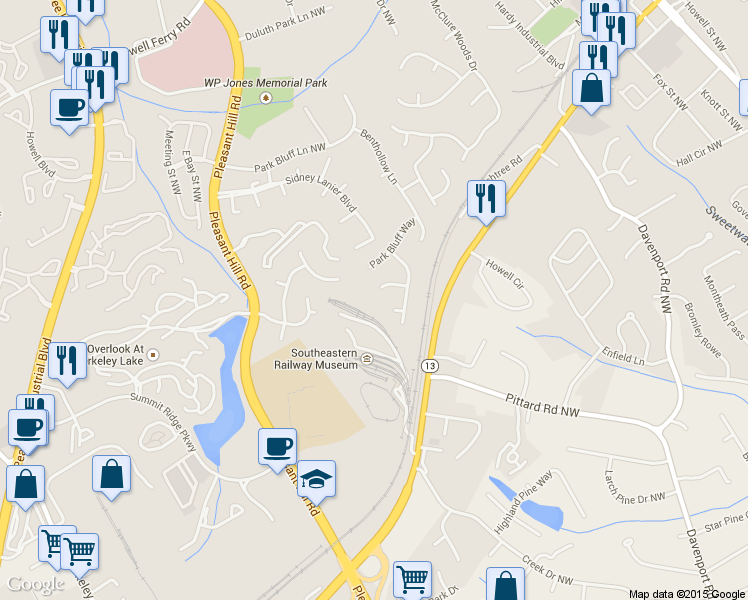 map of restaurants, bars, coffee shops, grocery stores, and more near 3578 Grovecrest Way in Duluth