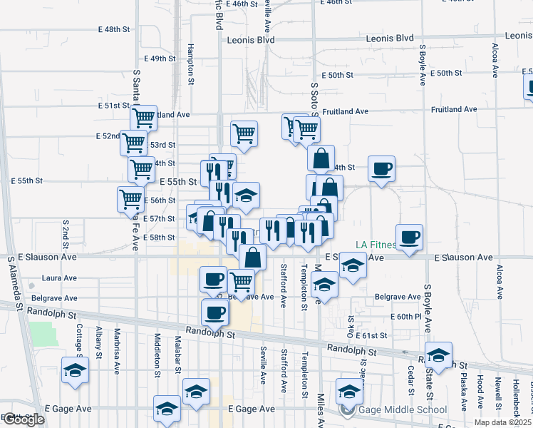 map of restaurants, bars, coffee shops, grocery stores, and more near 2701 East 57th Street in Huntington Park