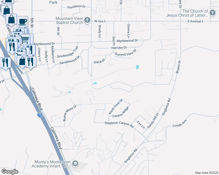 map of restaurants, bars, coffee shops, grocery stores, and more near 283 Tanglewood Drive in Calimesa