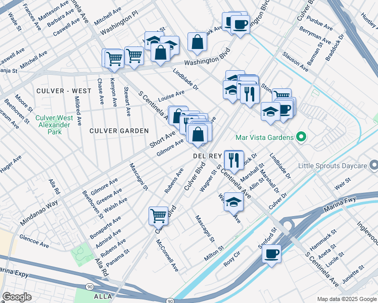 map of restaurants, bars, coffee shops, grocery stores, and more near 4569 South Centinela Avenue in Los Angeles