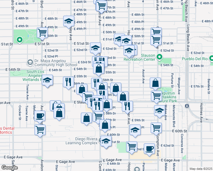 map of restaurants, bars, coffee shops, grocery stores, and more near 1131 East 57th Street in Los Angeles