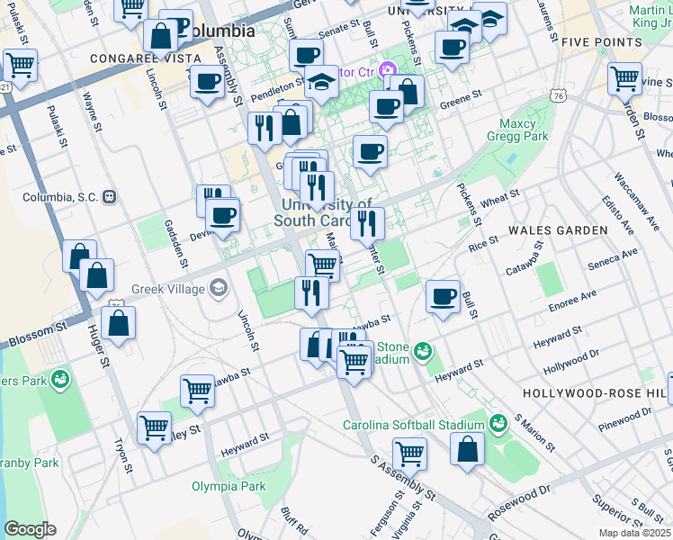 map of restaurants, bars, coffee shops, grocery stores, and more near 1100 Wheat Street in Columbia