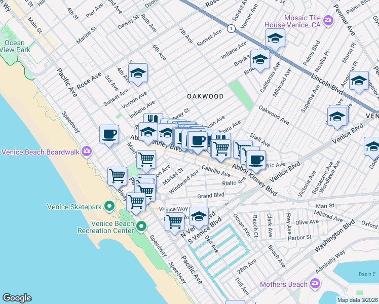 map of restaurants, bars, coffee shops, grocery stores, and more near 1239 Abbot Kinney Boulevard in Los Angeles