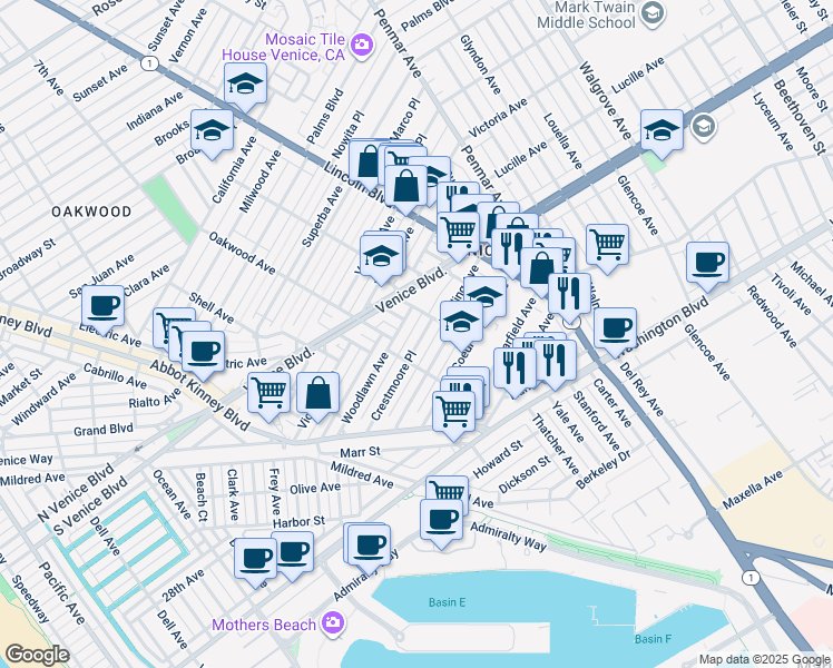 map of restaurants, bars, coffee shops, grocery stores, and more near 817 Crestmoore Place in Los Angeles