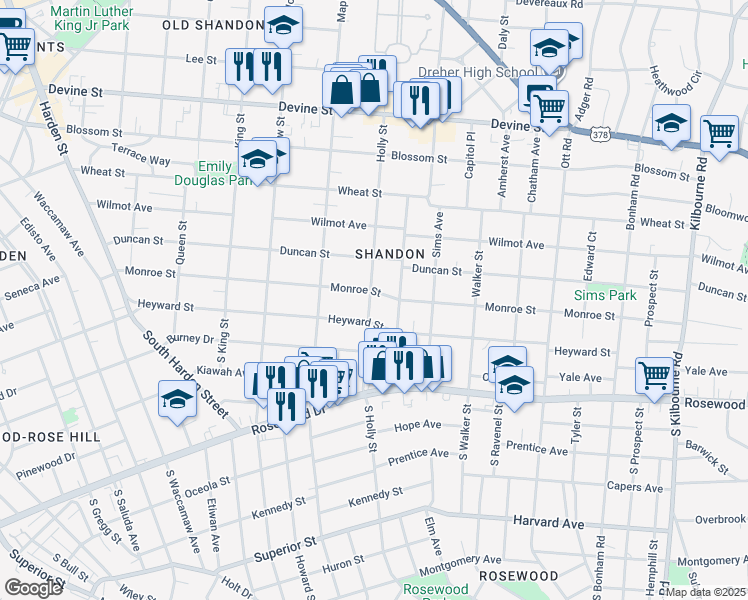 map of restaurants, bars, coffee shops, grocery stores, and more near 2902 Monroe St in Columbia