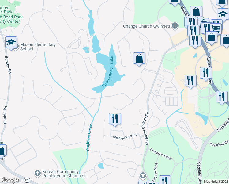 map of restaurants, bars, coffee shops, grocery stores, and more near 2325 Sugarloaf Club Drive in Duluth