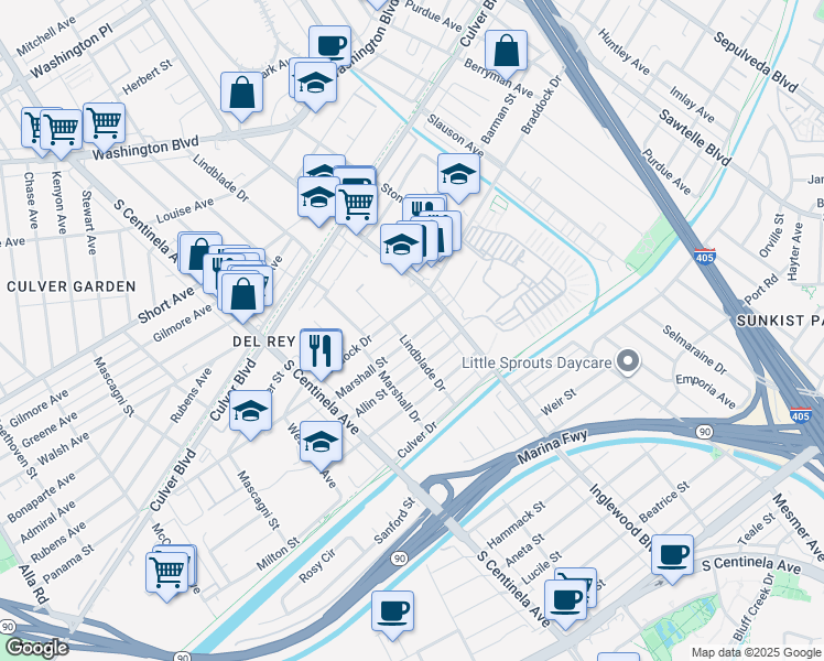 map of restaurants, bars, coffee shops, grocery stores, and more near 12045 Marshall Street in Culver City