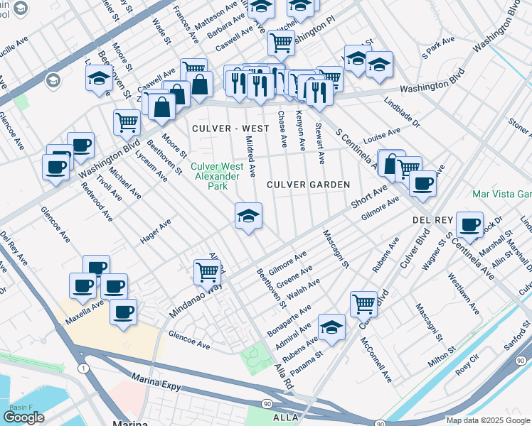 map of restaurants, bars, coffee shops, grocery stores, and more near 4314 Mildred Avenue in Los Angeles