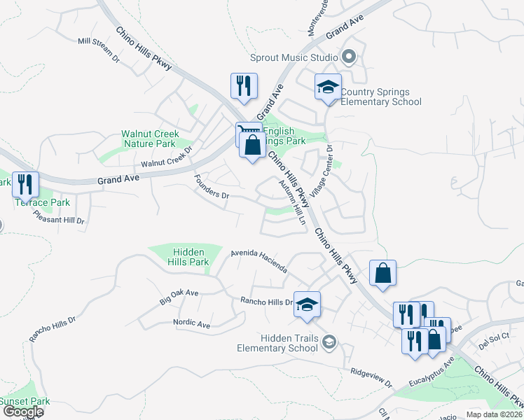 map of restaurants, bars, coffee shops, grocery stores, and more near 14404 Falling Leaf Drive in Chino Hills