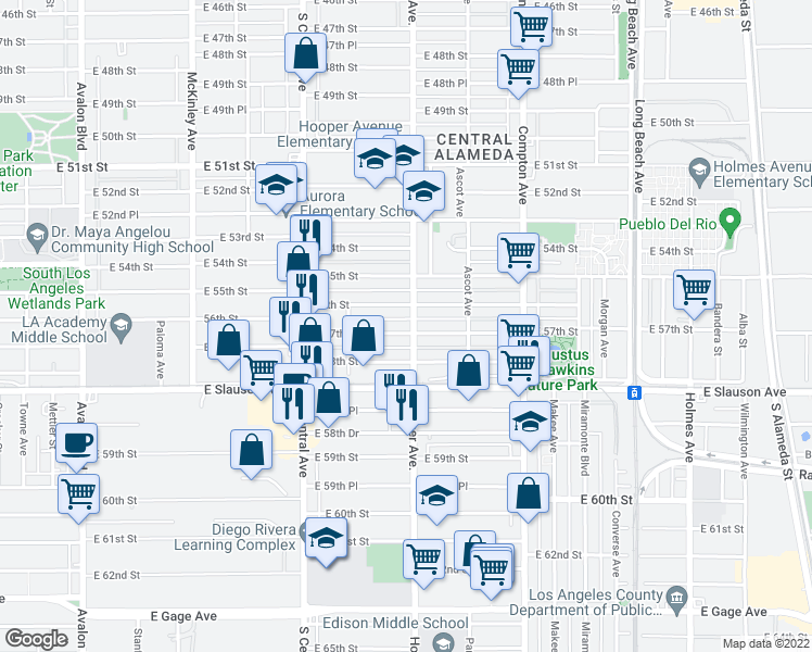 map of restaurants, bars, coffee shops, grocery stores, and more near 1275 East 57th Street in Los Angeles