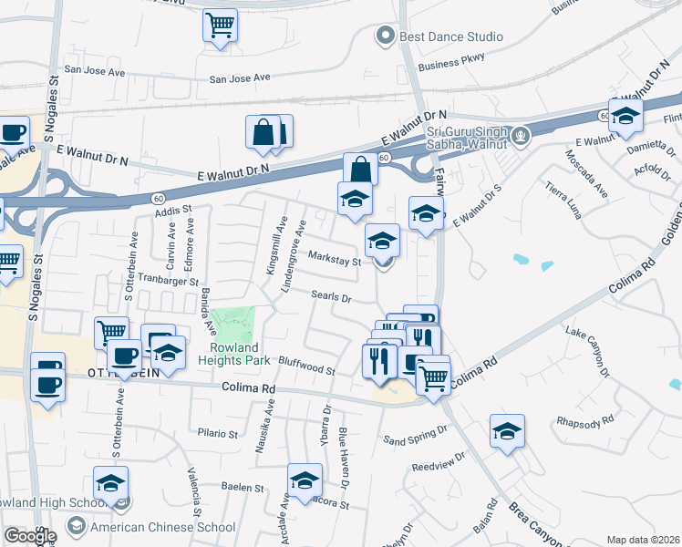 map of restaurants, bars, coffee shops, grocery stores, and more near 19569 Newgarden Street in Rowland Heights