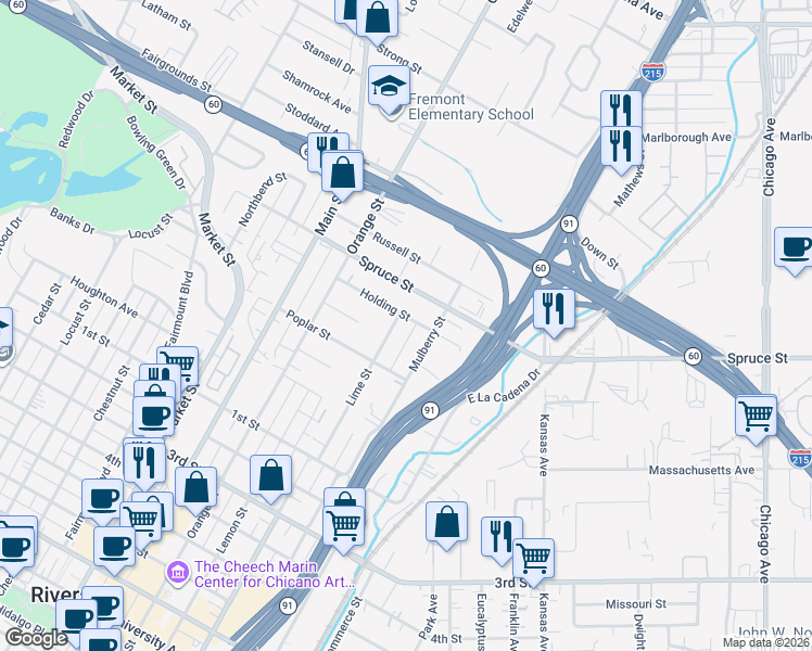 map of restaurants, bars, coffee shops, grocery stores, and more near 2526 Lime Street in Riverside