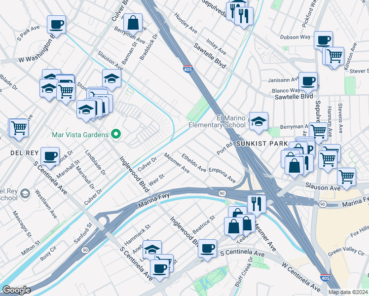 map of restaurants, bars, coffee shops, grocery stores, and more near 5153 Emporia Avenue in Culver City