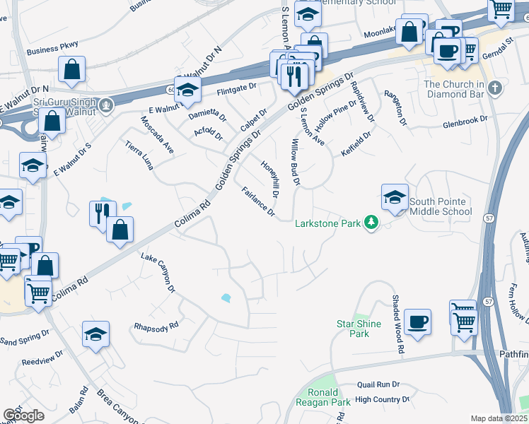 map of restaurants, bars, coffee shops, grocery stores, and more near 1427 Fairlance Drive in Walnut