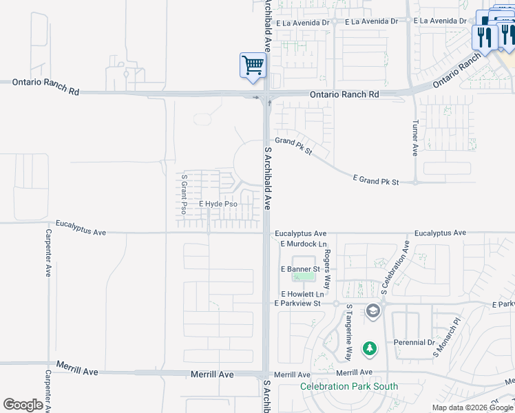 map of restaurants, bars, coffee shops, grocery stores, and more near 4513 South Patterson Paseo in Ontario