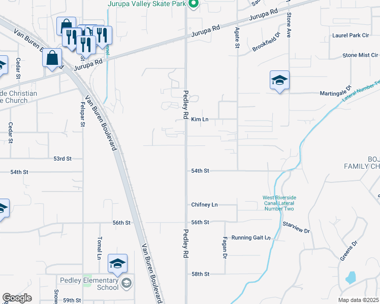 map of restaurants, bars, coffee shops, grocery stores, and more near 5334 Pedley Road in Riverside