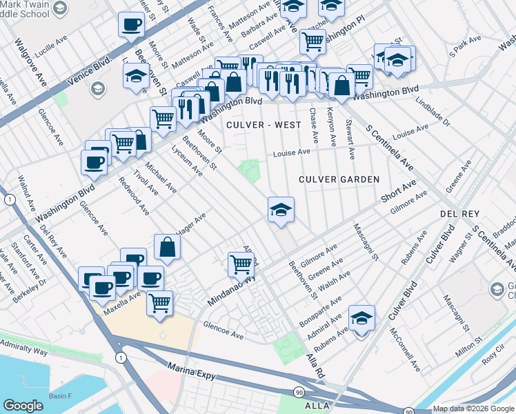 map of restaurants, bars, coffee shops, grocery stores, and more near 4245 Beethoven Street in Los Angeles