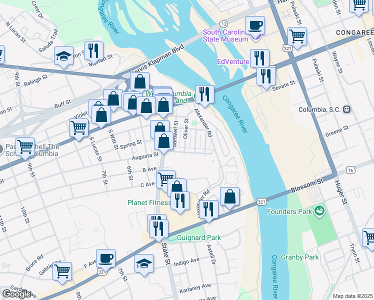 map of restaurants, bars, coffee shops, grocery stores, and more near 214 Augusta Street in West Columbia