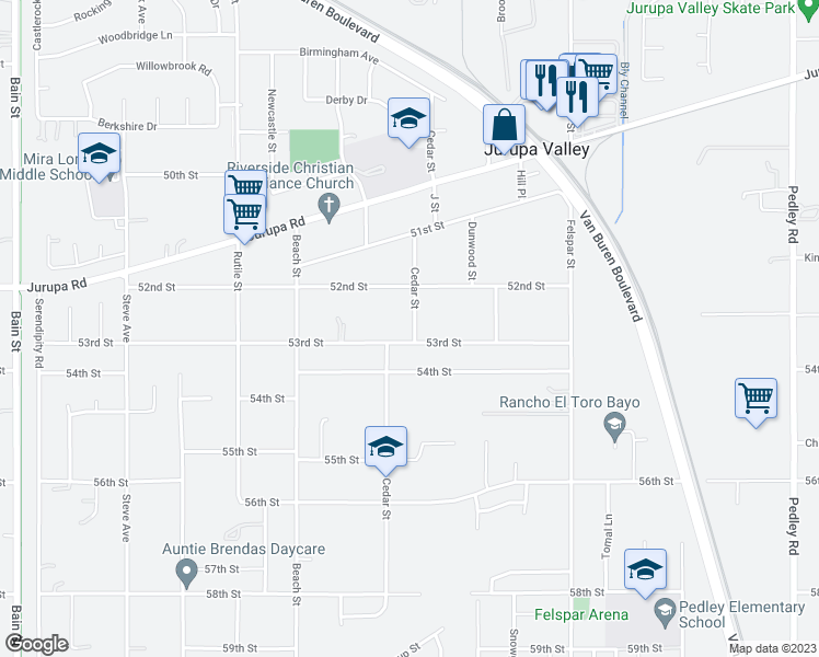 map of restaurants, bars, coffee shops, grocery stores, and more near 5321 Cedar Street in Riverside