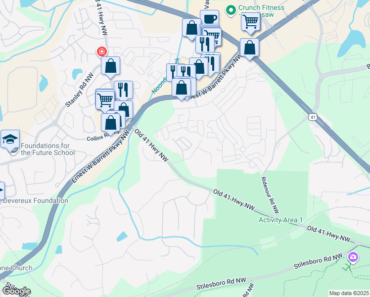 map of restaurants, bars, coffee shops, grocery stores, and more near 1516 Endurance Hill Drive Northwest in Kennesaw