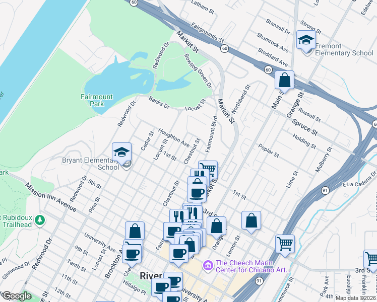 map of restaurants, bars, coffee shops, grocery stores, and more near 3019 Chestnut Street in Riverside