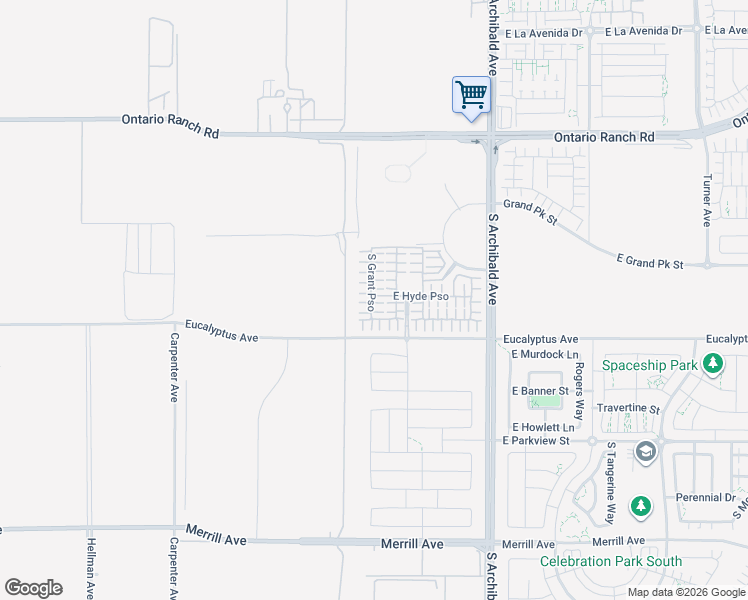 map of restaurants, bars, coffee shops, grocery stores, and more near 2432 East Hyde Paseo in Ontario