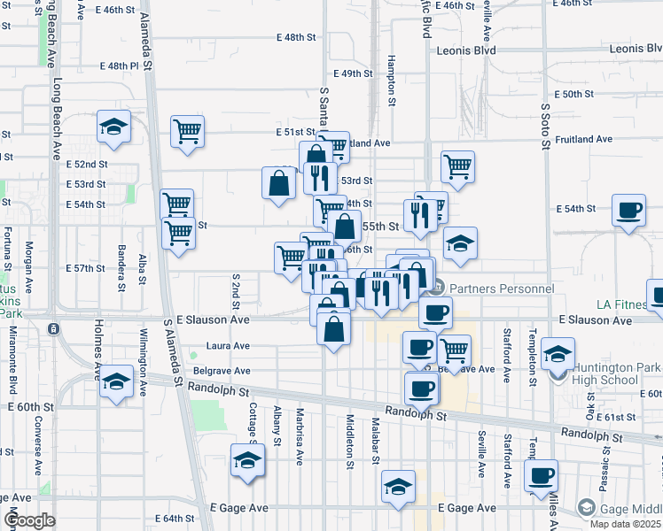 map of restaurants, bars, coffee shops, grocery stores, and more near 5666 S Santa Fe Ave in Vernon